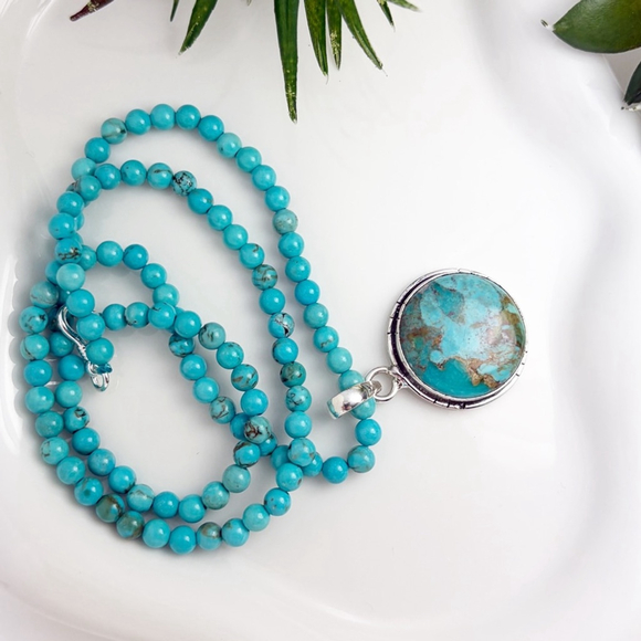 Mohave Turquoise Pendant Necklace Boho Southwest Round Blue Handmade New 925 - Picture 5 of 8